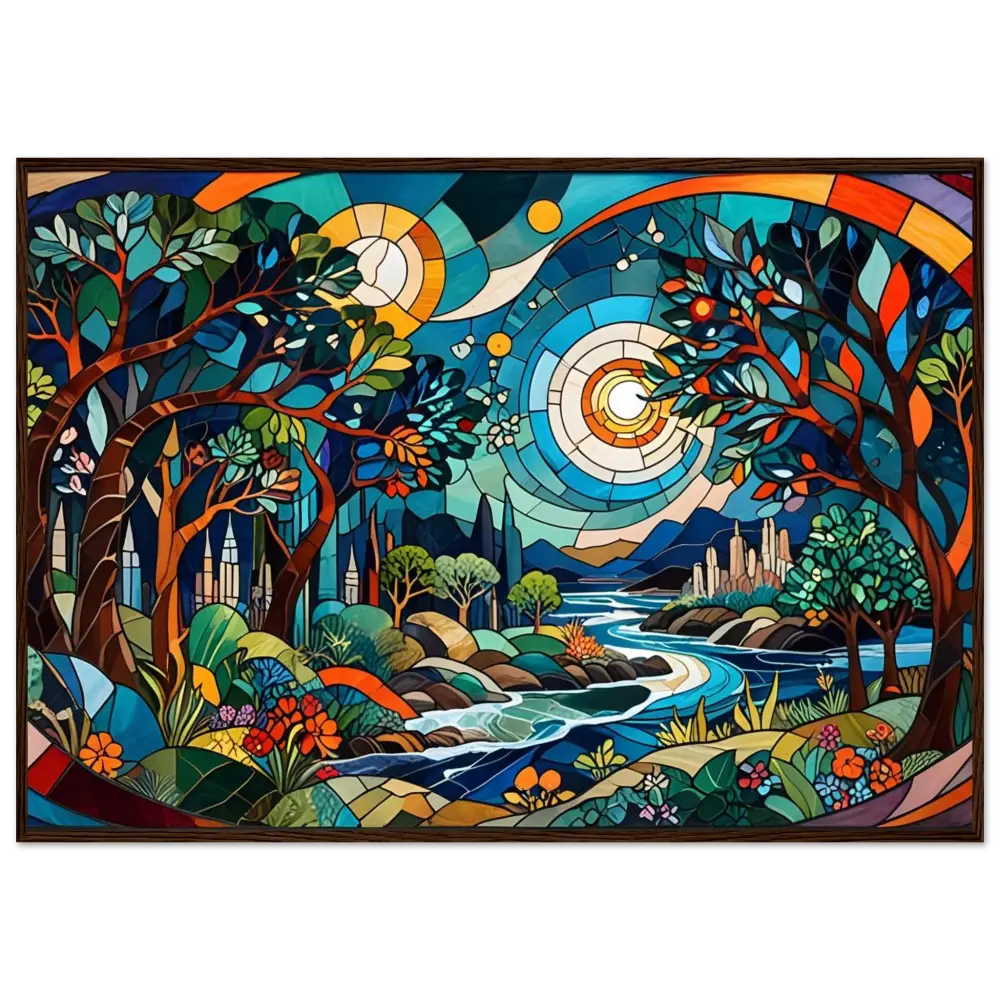 Stained glass landscape art framed poster showcasing vibrant psychedelic nature fractals
