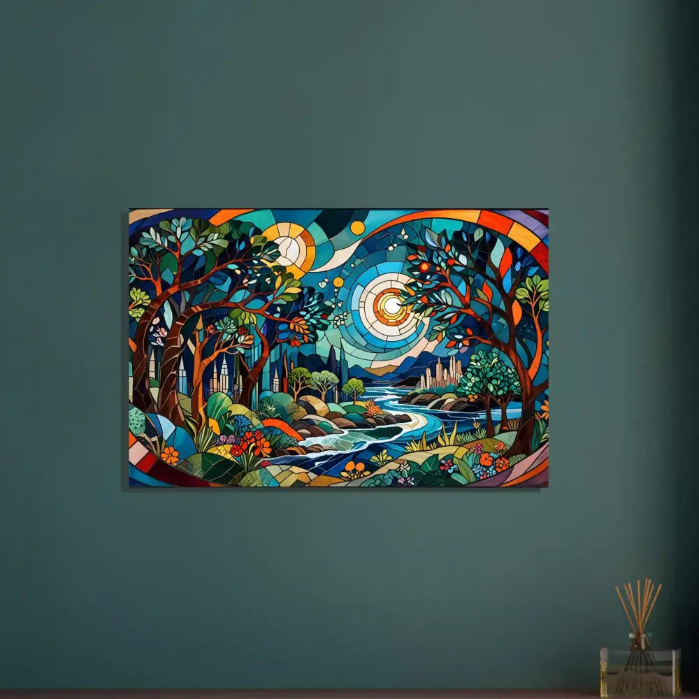 Colorful stained glass landscape artwork in a framed abstract psychedelic nature fractal poster