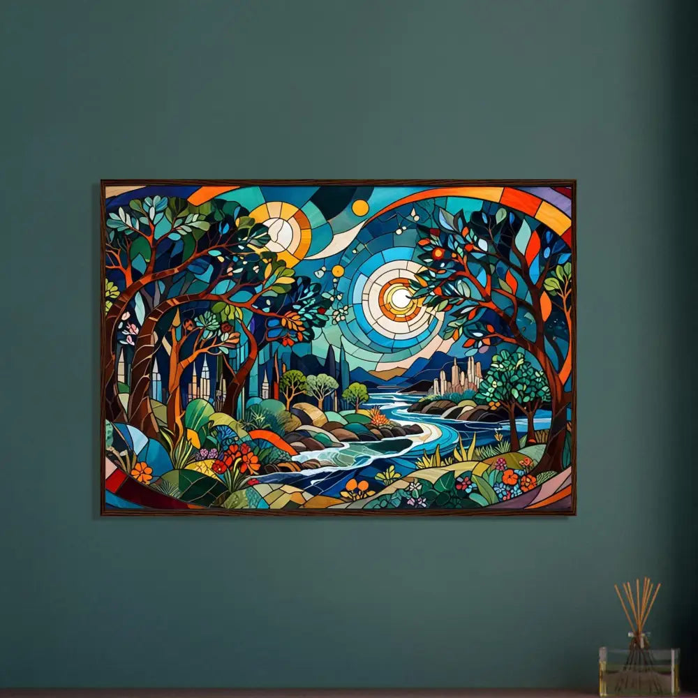 Framed stained-glass landscape artwork from PixiOnyx Psychedelic Nature Fractal Frame Edition