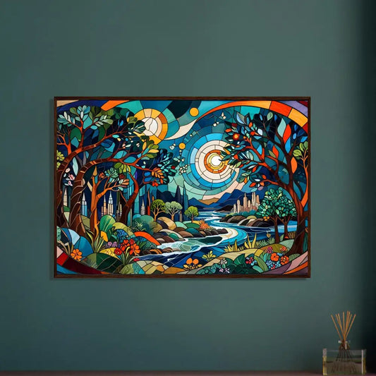 Framed stained-glass landscape artwork from PixiOnyx Psychedelic Nature Fractal Frame Edition