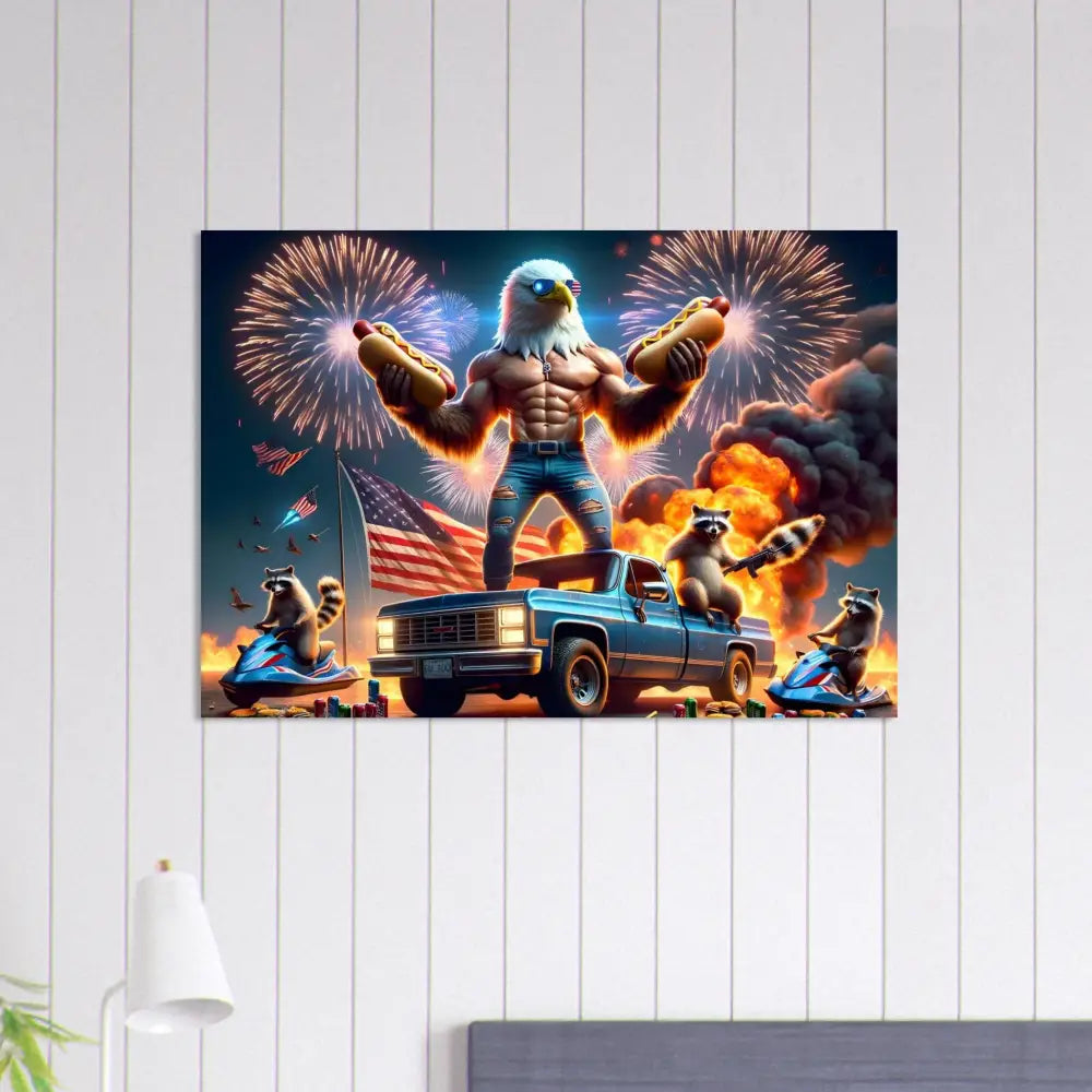 Patriotic eagle and raccoon celebrating on Framed Poster Stars Stripes Flaming Hot Dogs