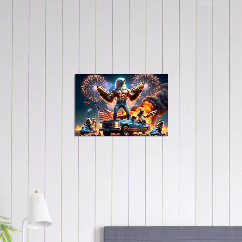 Cartoon Patriotic Eagle Poster Featuring Stars, Stripes, and Flaming Hot Dogs
