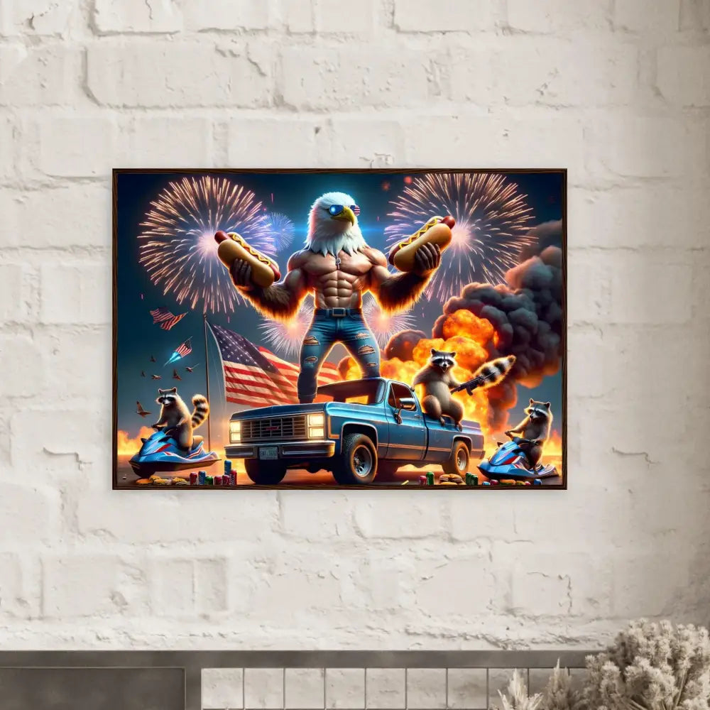 Patriotic eagle-man poster in framed artwork featuring stars stripes and flaming hot dogs