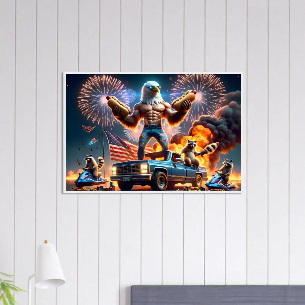 Patriotic eagle-themed artwork on framed poster titled Stars Stripes Flaming Hot Dogs PixiOnyx