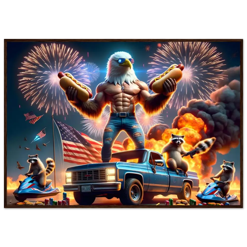 Patriotic eagle and raccoon celebrating on framed poster with stars stripes and hot dogs