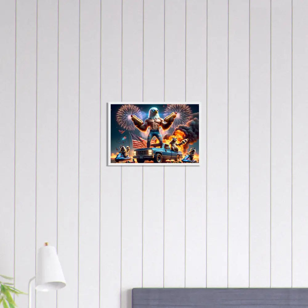 Framed patriotic eagle artwork poster featuring stars stripes and flaming hot dogs