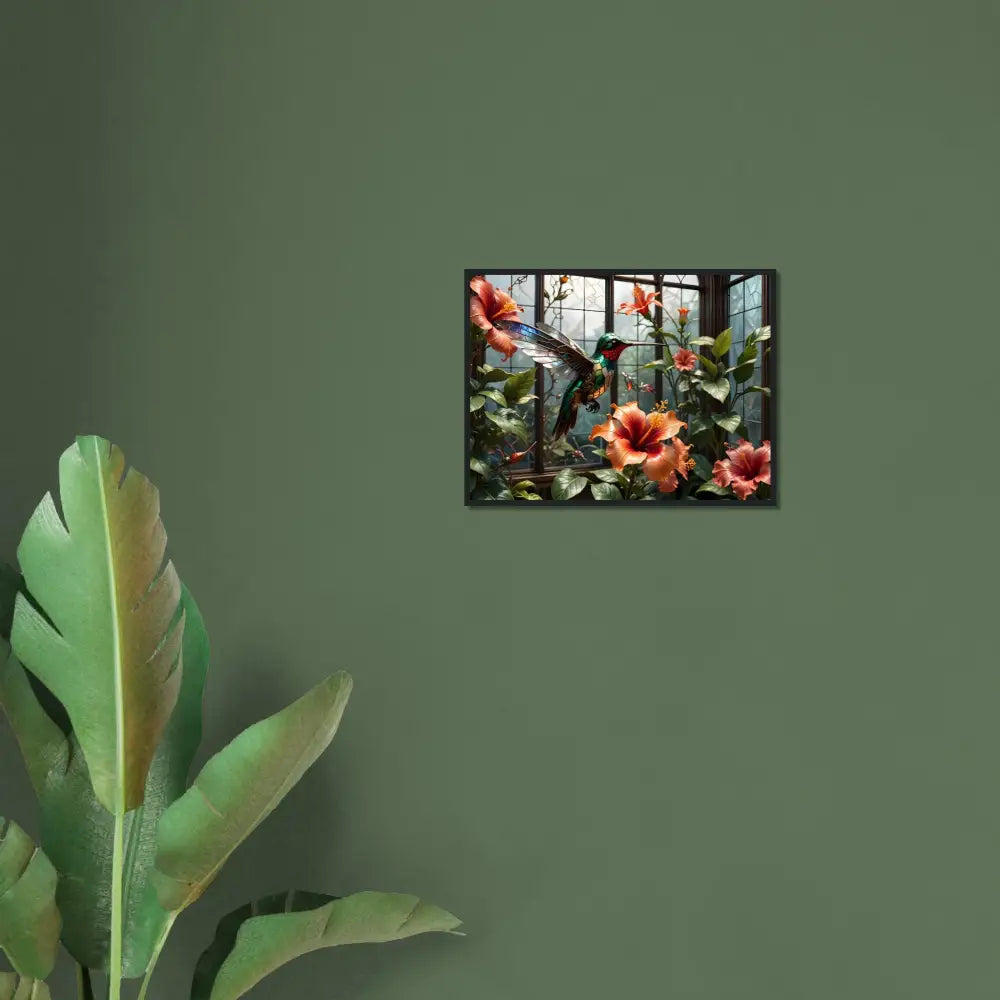 Framed hummingbird and hibiscus artwork displayed in a Steampunk Hummingbird Nature Print poster