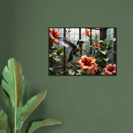 Hummingbird and hibiscus floral window art on framed Steampunk Hummingbird Nature Print poster