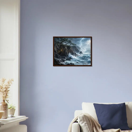 Sturdy wooden framed poster of stormy seascape with lightning on heavyweight white matte