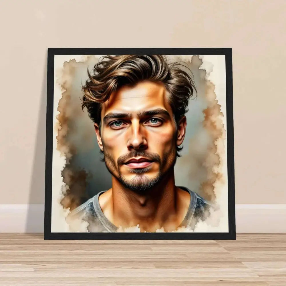 Framed watercolor portrait of a handsome man with wavy brown hair from Stormworn Resolve collection