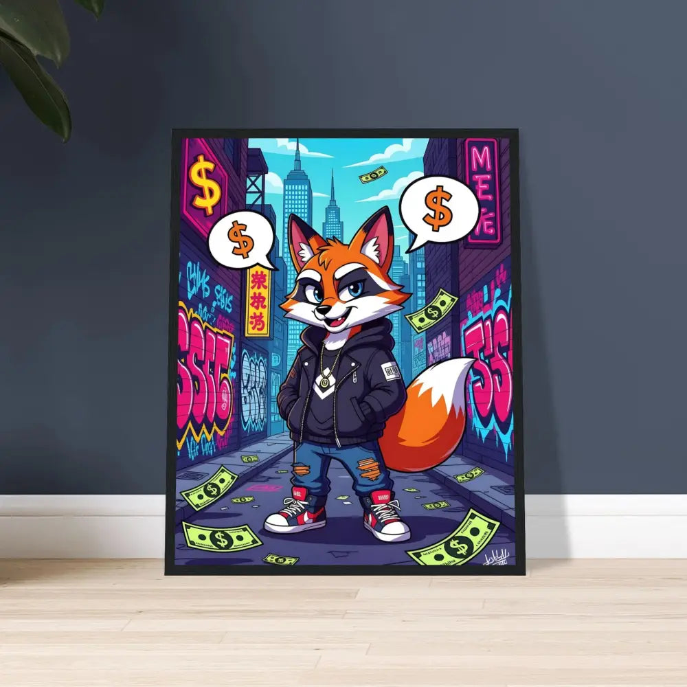 Framed cartoon fox art poster titled Street Hustle Fox by PixiOnyx Urban Style