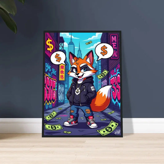 Framed cartoon fox art displayed in PixiOnyx Street Hustle Fox urban style poster
