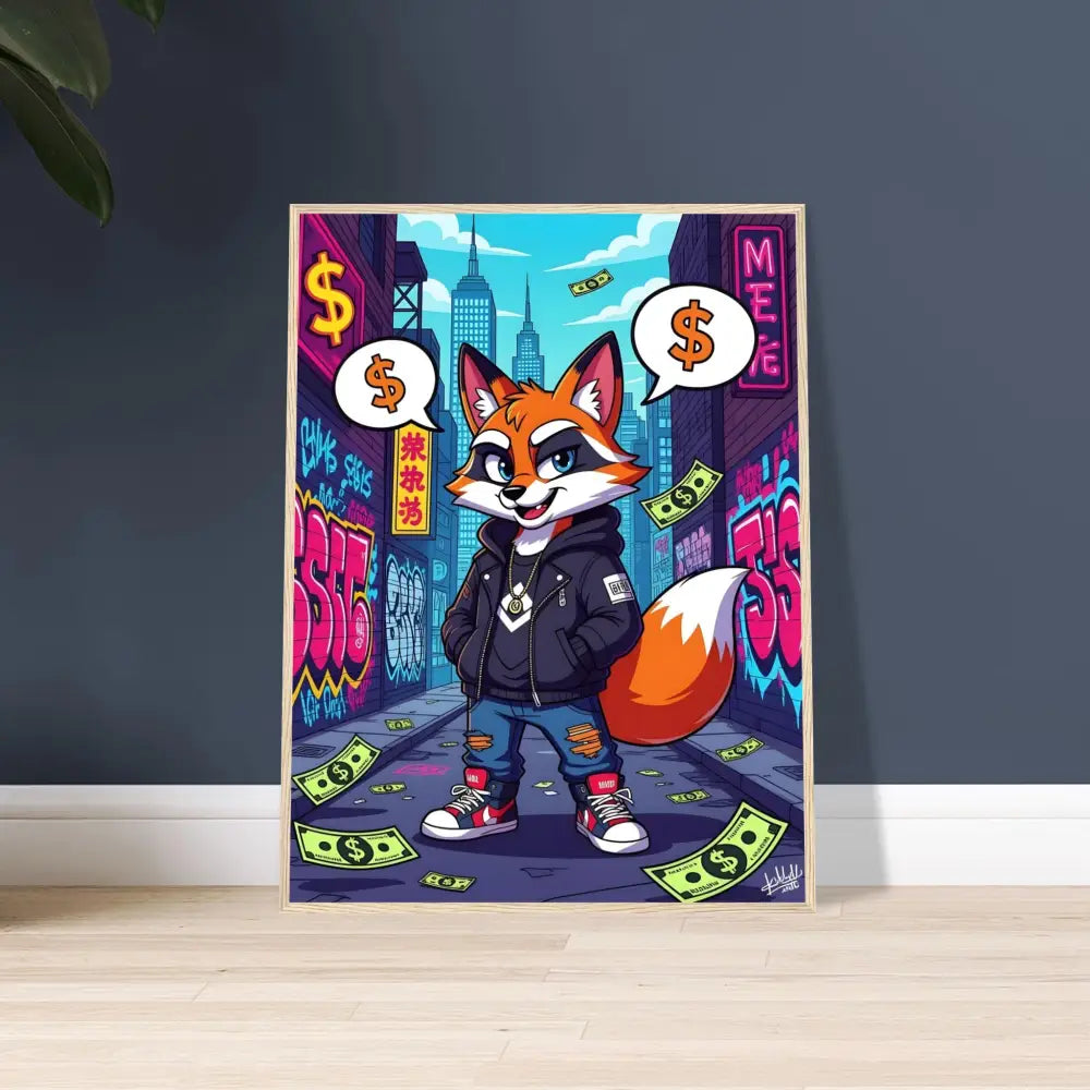 Framed cartoon fox art poster displayed in PixiOnyx Urban Framed Style product