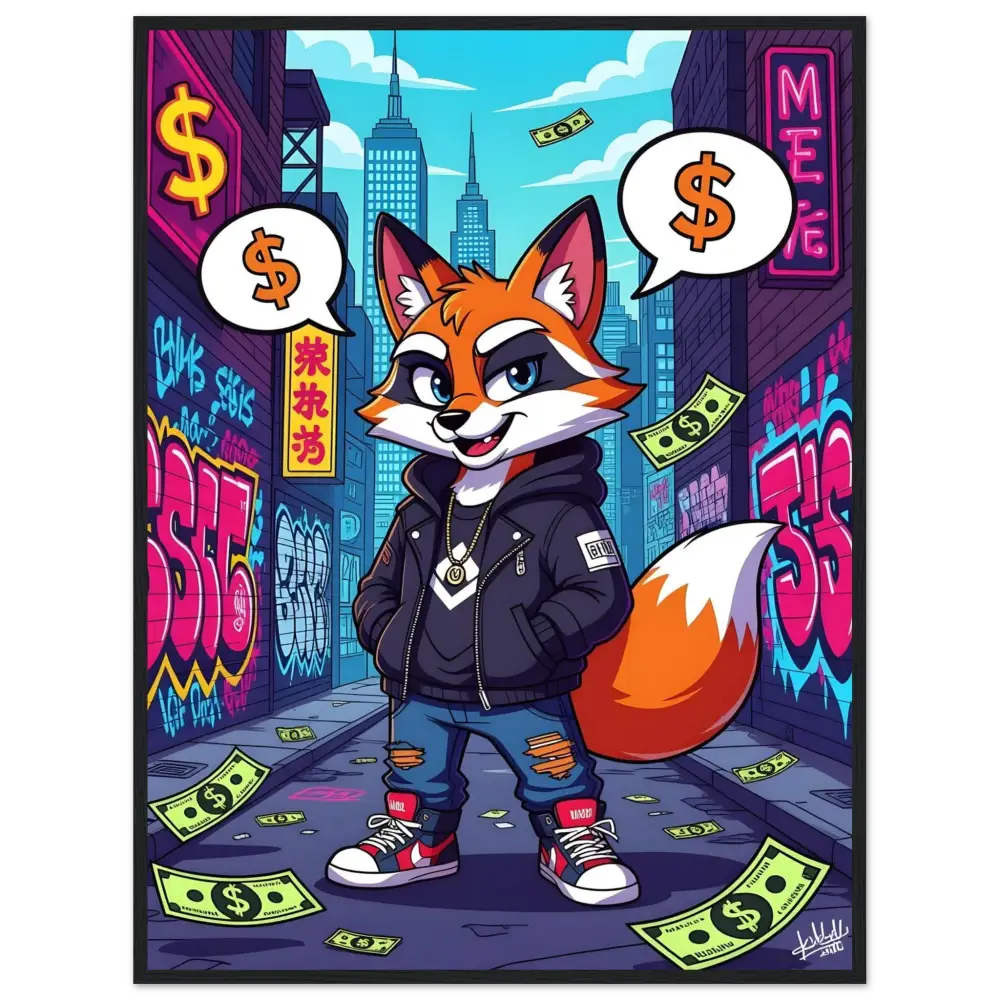 Cartoon fox in streetwear for PixiOnyx Urban Framed Style poster display