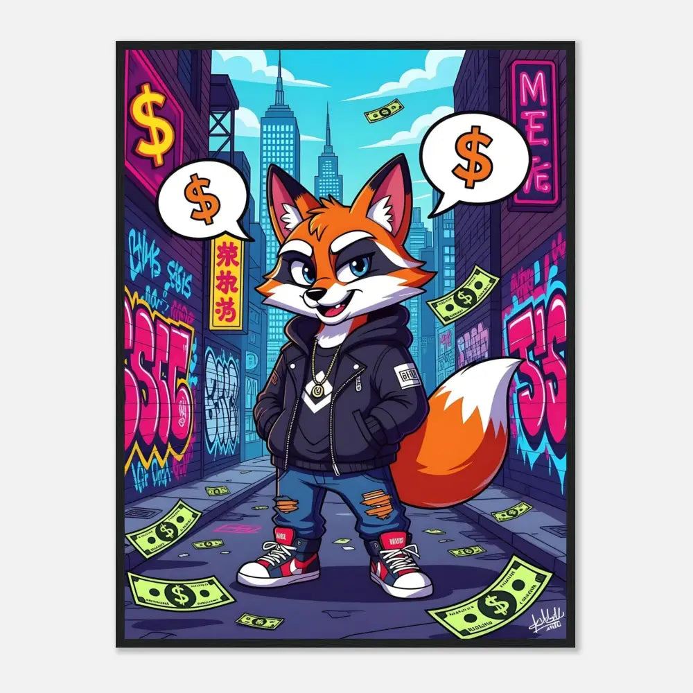 Cartoon fox in urban setting on framed poster Street Hustle Fox from PixiOnyx Urban Style