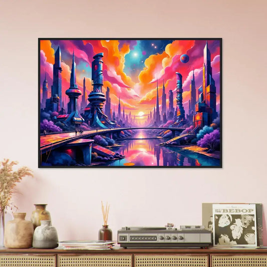 Framed vibrant futuristic city artwork with vivid cosmic skyline surges and futuristic towers collide
