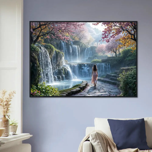 Framed waterfall landscape art poster from PixiOnyx Tranquil Dreamprint display