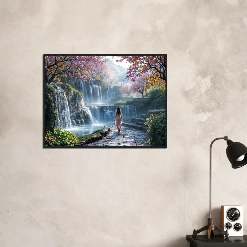 Framed waterfall landscape art titled The Waterfall Orchard on PixiOnyx Tranquil Dreamprint