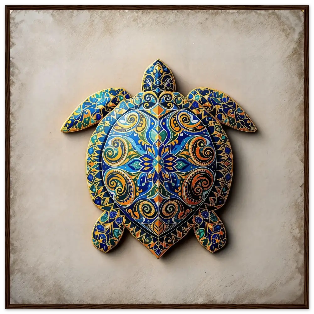 Colorful ornate turtle artwork in a framed poster titled Turtle Sigil Shell of Patterns