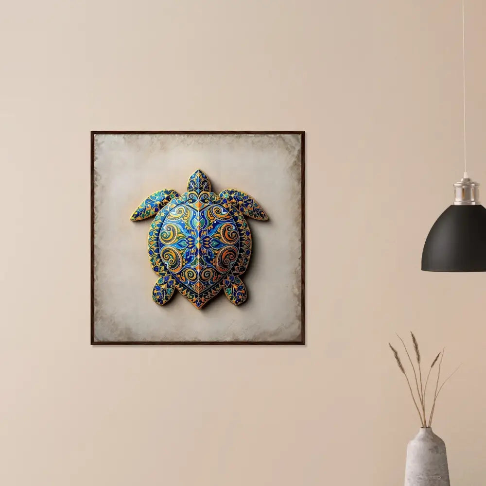 Framed decorative turtle art poster with intricate shell patterns in a stylish display