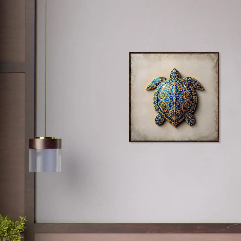 Framed decorative turtle art showcasing intricate shell patterns in PixiOnyx display