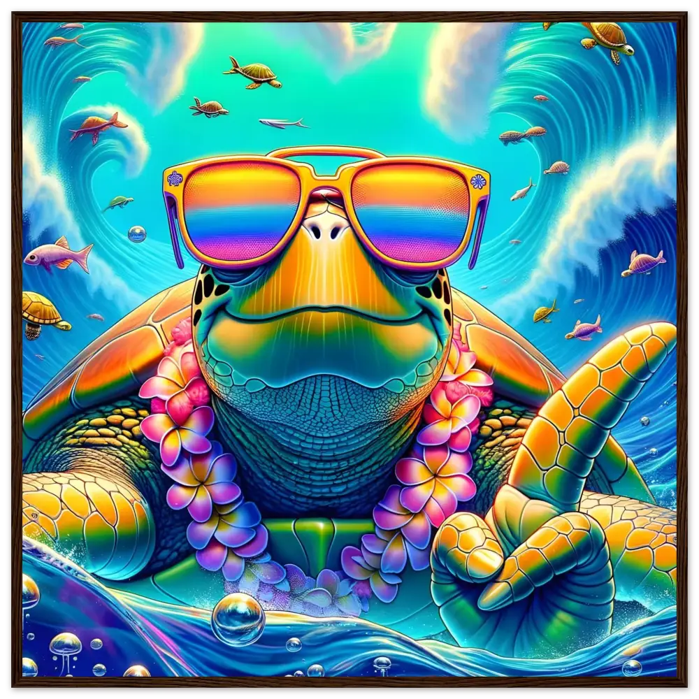 Rainbow-hued turtle wearing sunglasses and lei displayed in Framed Poster Turtle-y Misunderstood Bro