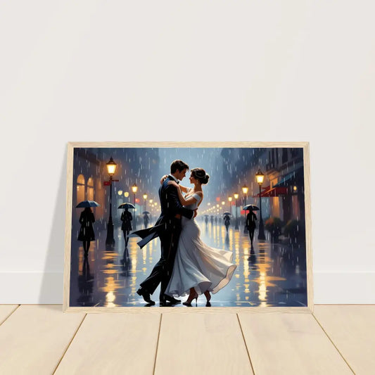 Framed painting of a couple dancing in the rain on the Waltz in the Rain PixiOnyx poster