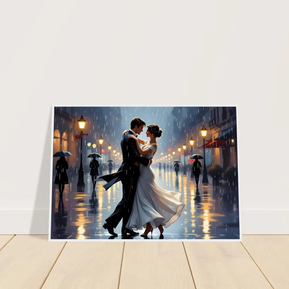 Romantic couple dancing in the rain painting framed as Waltz in the Rain on PixiOnyx