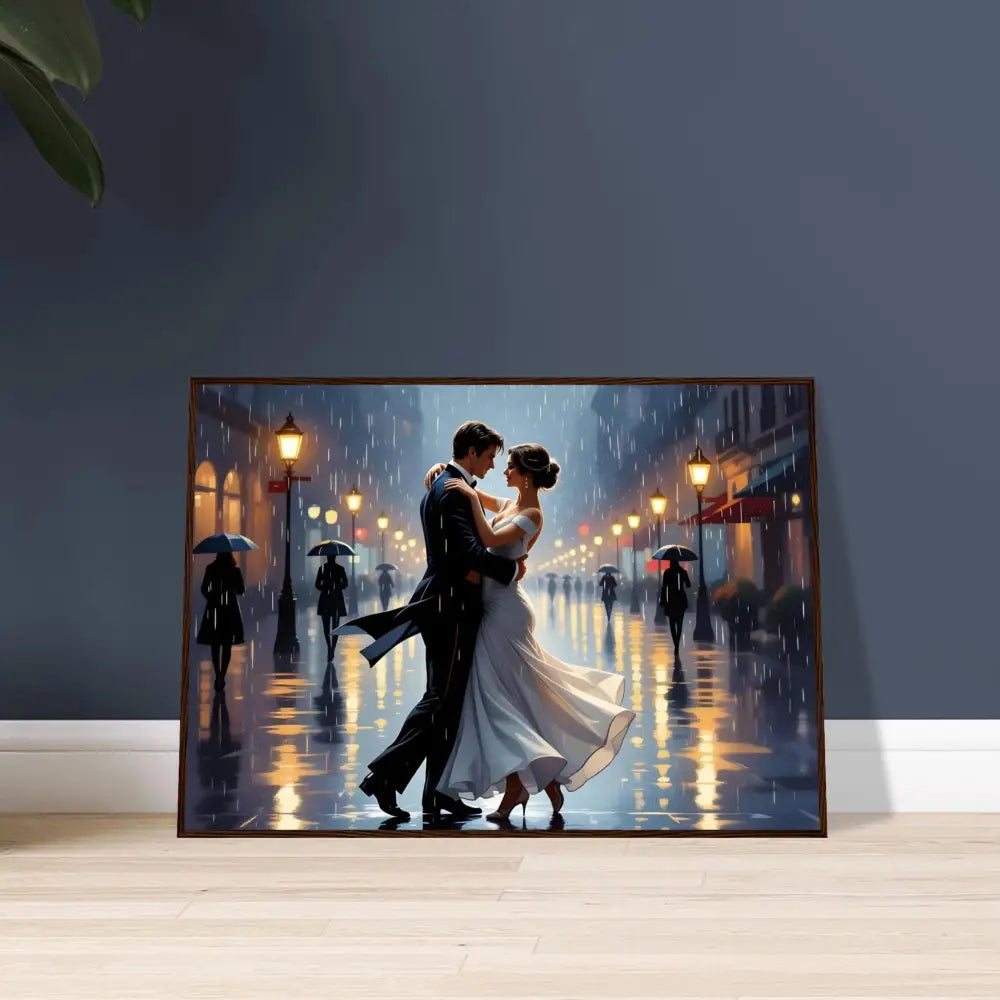 Framed poster Waltz in the Rain depicting a couple dancing in the rain by PixiOnyx