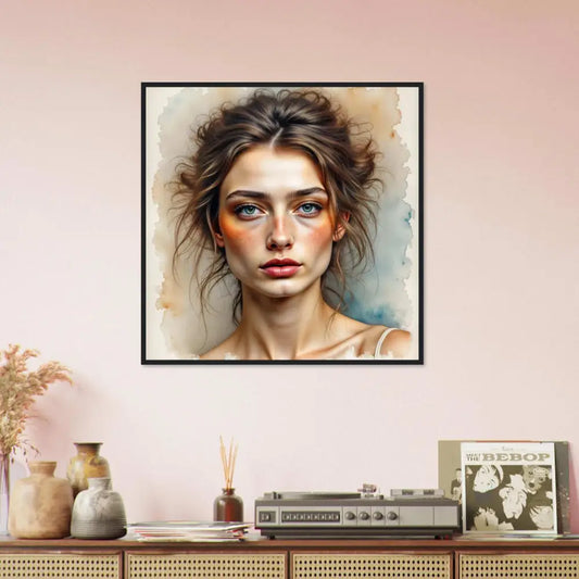 Framed watercolor portrait of a woman’s face showcasing delicate gaze and beauty suspended in paper fog