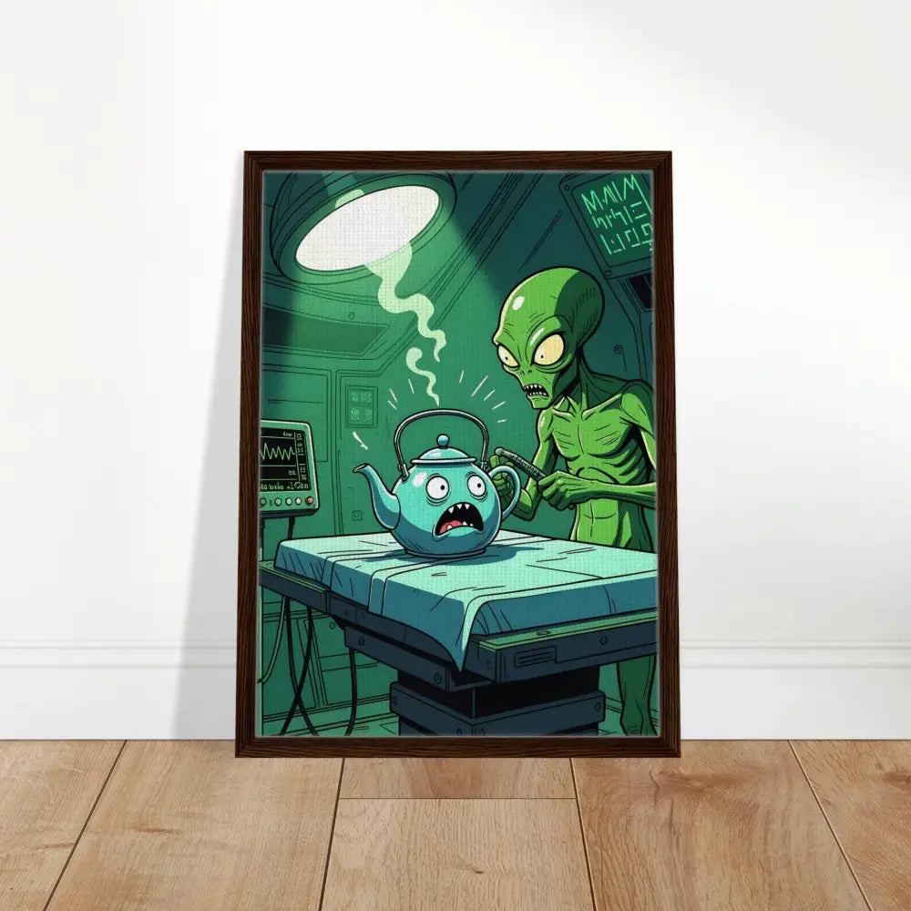 Framed cartoon art of an alien comedy scene on PixiOnyx Surreal Print canvas