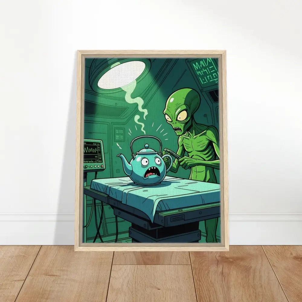 Framed cartoon alien abduction scene art print from PixiOnyx Surreal collection