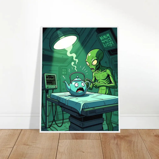 Humorous alien abduction art print titled Framed Probe Protocol Print Absurd Cosmic Humor
