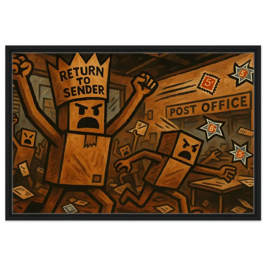 Angry Box People Riot artwork on Framed Return to Sender Canvas by PixiOnyx Postal Insurgence