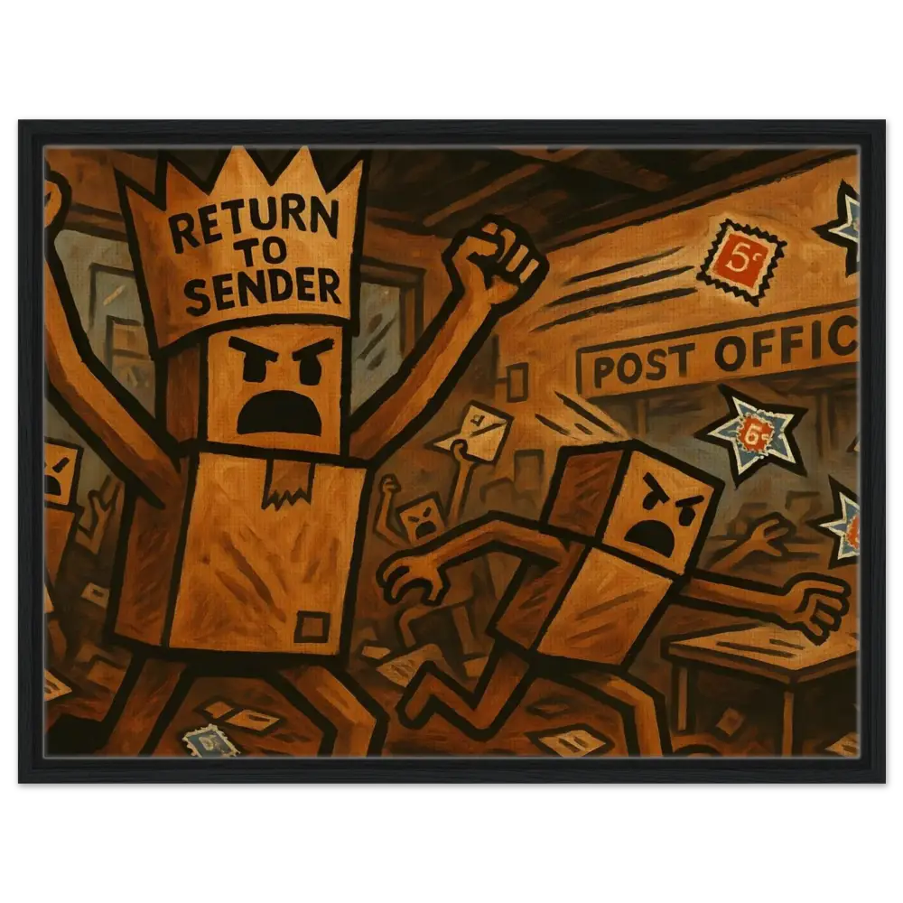 Angry box people rioting on Framed Return to Sender Canvas PixiOnyx Postal Insurgence Art