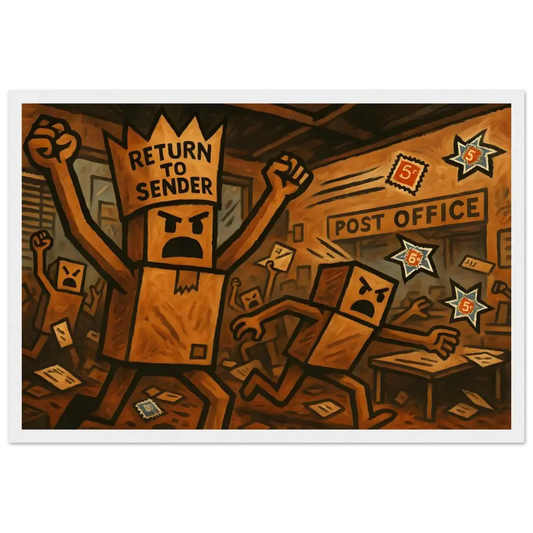 Angry box people riot depicted in Framed Return to Sender Poster Parcel Revolt PixiOnyx Dystopian Art