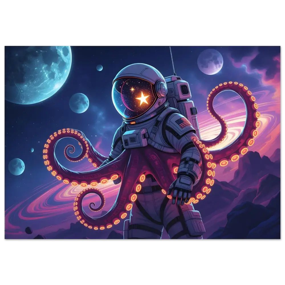 Astronaut with octopus tentacles on framed space poster Cosmic Tentacle Voyager