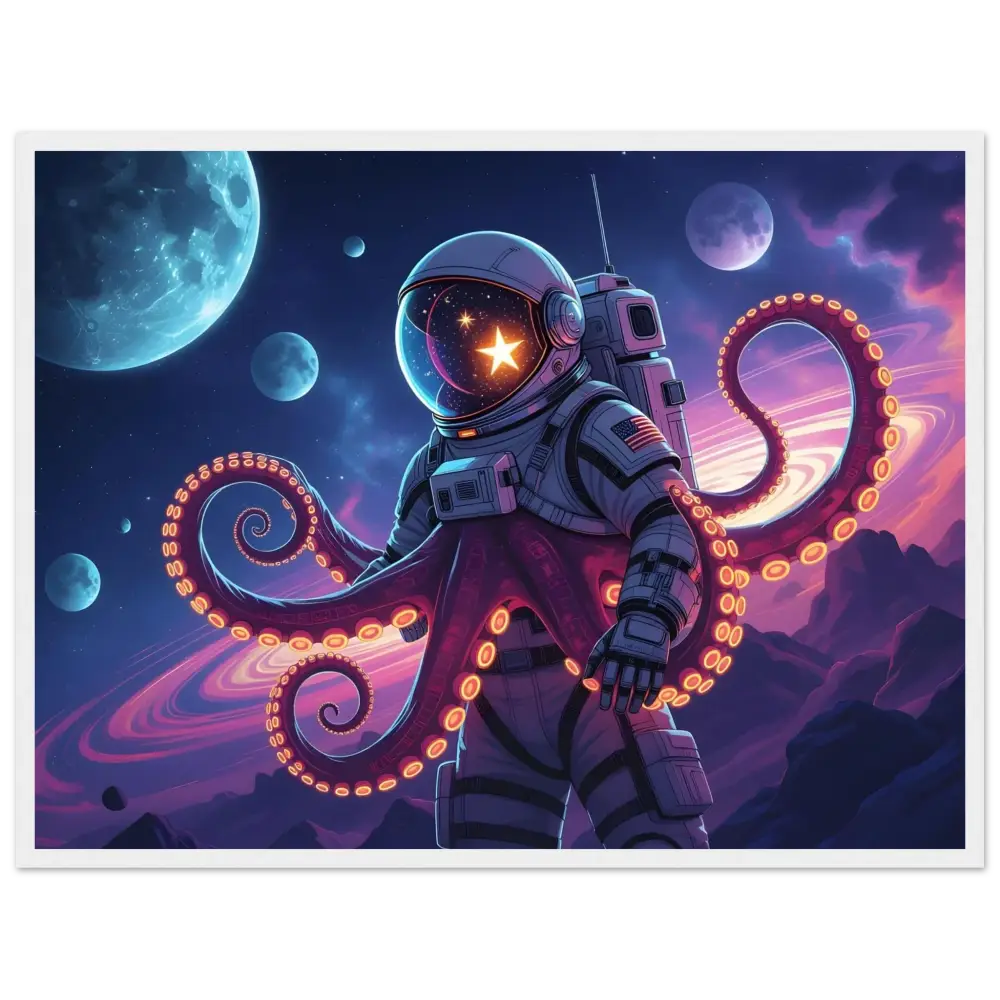 Astronaut with colorful octopus tentacles on framed Cosmo Tentacle Voyager poster