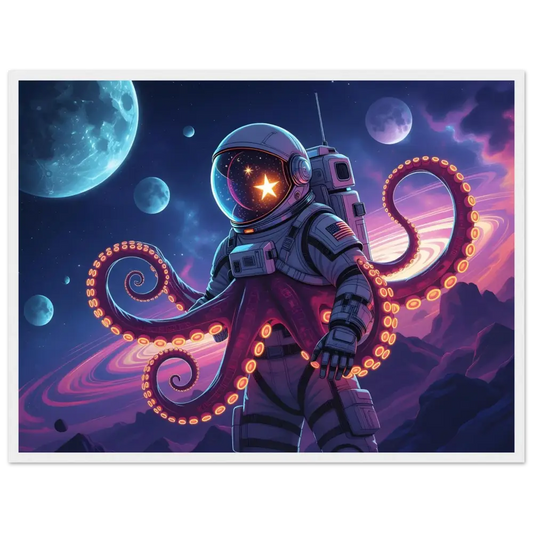 Astronaut with colorful octopus tentacles on framed Cosmo Tentacle Voyager poster