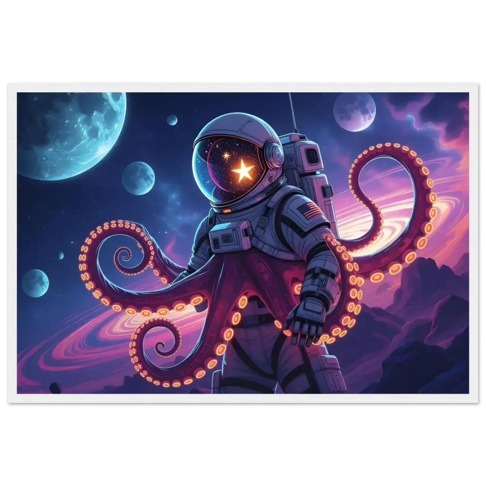 Astronaut octopus with glowing tentacles in a cosmic space scene on PixiOnyx Starlight Frame