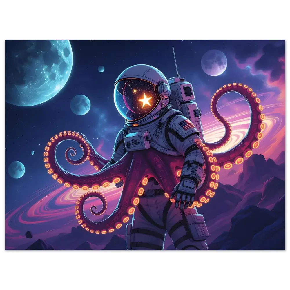 Astronaut with octopus tentacles in Cosmic Tentacle Voyager Framed Space Poster