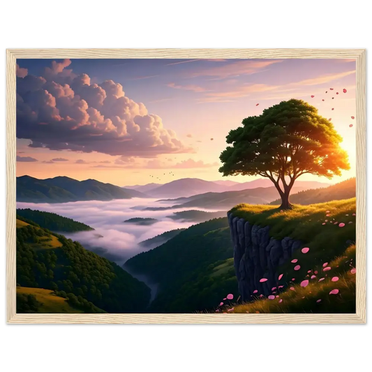 Framed sunrise landscape painting displayed in PixiOnyx Matte Landscape Print product
