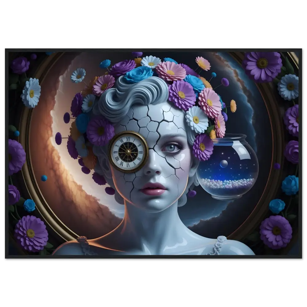 Cracked porcelain woman with clock eye and floral headdress in surreal framed portrait