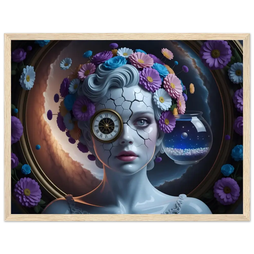 Surreal fractured porcelain woman’s portrait with floral headdress and clock eye for PixiOnyx Dreamcore Display