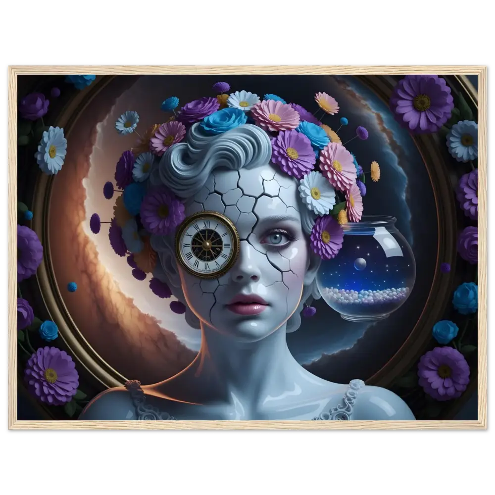 Surreal floral-crowned woman with clock eye and cracked skin in PixiOnyx Dreamcore display