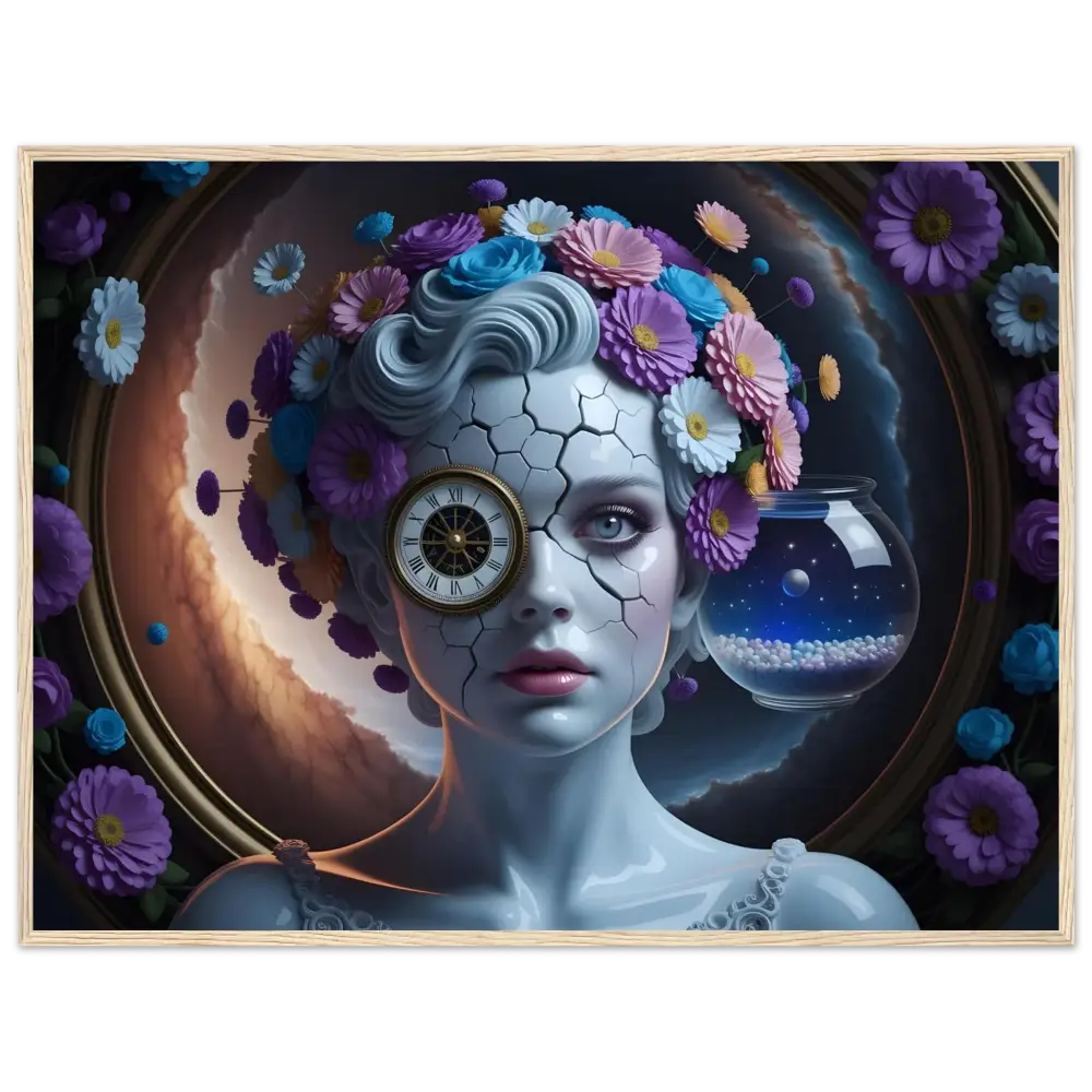 Surreal framed portrait with clock eye and floral headdress in PixiOnyx Dreamcore style