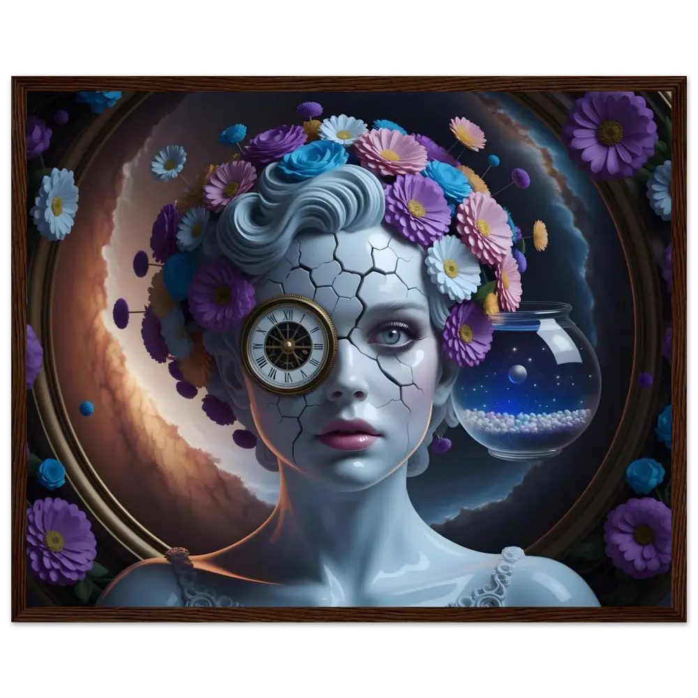 Surreal floral clockwork woman portrait in Framed Surreal Portrait Fractured Time PixiOnyx