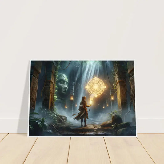 Fantasy adventure art print featuring a torchbearer from Forgotten Glyphs Adventure displayed in a framed PixiOnyx Matte Print