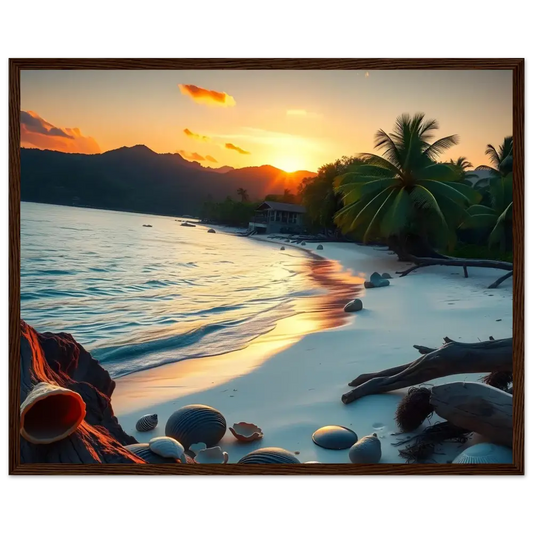 Framed tropical beach sunset scene poster for stylish wall decor at PixiOnyx