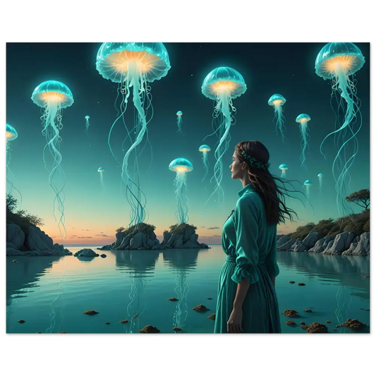 Surreal jellyfish landscape with woman in Turquoise Ascension Celestial Waterscape art print